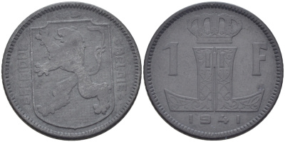 БЕЛЬГИЯ 1 ФРАНК 1941 BELGIQUE-BELGIE, ГЕРМАНСКАЯ ОККУПАЦИЯ KM 127 цинк 31-1233