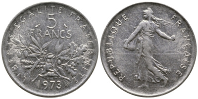 Франция 5 франков 1973 сеятель KM 926a.1, Le Franc 341.5 медно-никель плакированный никелем 4680-122