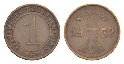 Германия 1 рейхспфенниг 1932 A KM 37, J. 313 бронза 4644-1045