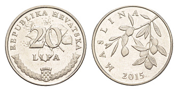 Хорватия 20 липа 2015 нечетный год KM 7 сталь плакированная никелем UNC 4379-538