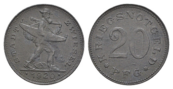 Цвизель 20 пфеннигов 1920 Funck 632.19, Men18 35512.23 цинк 4582-913