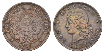 Аргентина 2 сентаво 1891 голова свободы влево KM 33 бронза 4653-923