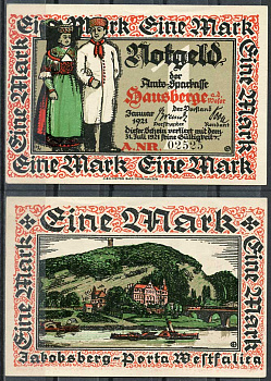 Германия, Хаусберге 1 марка 1921 нотгельд, историческая серия Grabowski 585.1.a  бумага  UNC (пресс) 000-00-00