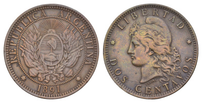 Аргентина 2 сентаво 1891 голова свободы влево KM 33 бронза 4653-923
