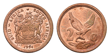 ЮАР 2 цента 1994 орел с рыбой KM 133 сталь плакированная медью UNC 4690-936
