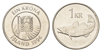 Исландия 1 крона 1996 треска KM 27a сталь плакированная никелем UNC 4691-553