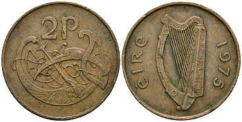 Ирландия 2 пенса 1975 виньетка в виде стилизованной птицы из Второй Библии Карла Лысого KM 21 бронза 4138-811