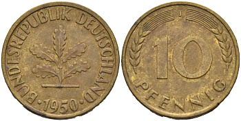 ФРГ 10 ПФЕННИГОВ 1950 J KM 103, J. 378 сталь плакированная латунью 4514-942
