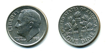 США 10 ЦЕНТОВ = 1 ДАЙМ 1988 P, РУЗВЕЛЬТ KM 195а медь плакированная медно-никелем 46-2466