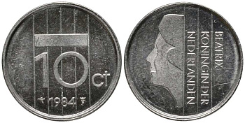 НИДЕРЛАНДЫ 10 ЦЕНТОВ 1984 БЕАТРИКС KM 203 никель 112-741