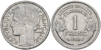 Франция 1 франк 1948 тип Морлон KM 885а.1 алюминий    4153-425