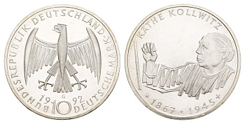 Германия 10 марок 1992 G, 125 лет со дня рождения Кете Кольвиц KM 178 серебро UNC 4634-1015