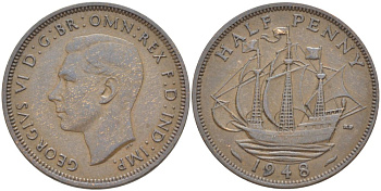 Великобритания 1/2 пенни 1948 Георг VI (1936-1952) KM 844, Spink 4115 бронза 77-343