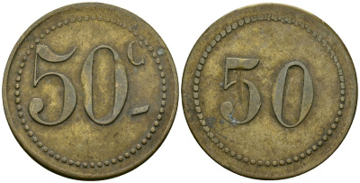 Франция 50 сантимов XIX-XX век ресторанный жетон латунь 4166-1242