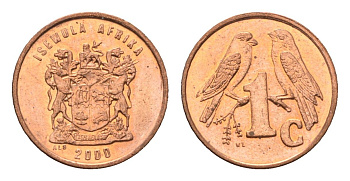 ЮАР 1 цент 2000 герб, капские воробьи KM 170 сталь плакированная медью UNC 4694-139
