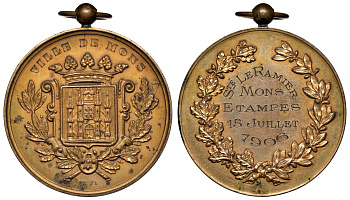 Бельгия медаль 1906 город Монс, сержанту Лерамье 15 июля 1906 диаметр 51 мм. вес 50,49 гр. латунь 1069-8-33