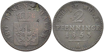 Пруссия 2 пфеннига 1853 А, Фридрих Вильгельм IV (1840-1861) KM 452, Jaeger 51, Olding 336, AKS 91 медь 175-257