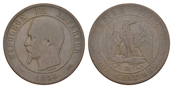Франция 10 сантимов 1854 D, Наполеон III (1852-1870) KM 771.4, Le Franc 133.14 бронза 4185-226