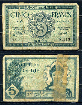 Алжир 5 франков 1942 Pick 91 бумага 00-00