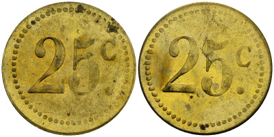 Франция 25†сантимов XIX-XX век ресторанный жетон латунь 4166-1057