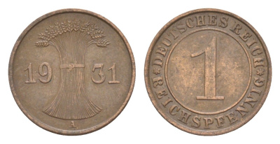 Германия 1 рейхспфенниг 1931 A KM 37, J. 313 бронза 4636-319