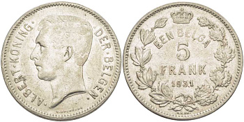 БЕЛЬГИЯ 5 ФРАНКОВ 1931 АЛЬБЕРТ I, DER BELGEN KM 98 никель 3851-345