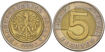 Польша 5 злотых 1994 MW KM 284 биметалл 89-1856