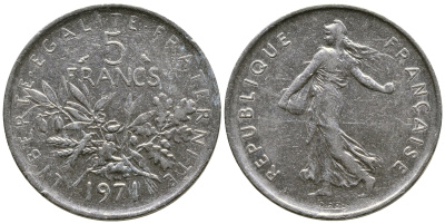 Франция 5 франков 1971 сеятель KM 926a.1, Le Franc 341.3 медно-никель плакированный никелем 51-4633