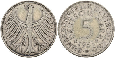 ФРГ 5 марок 1951 D, KM 112.1, J.387 серебро 4565-116