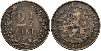НИДЕРЛАНДЫ 2 1/2 ЦЕНТА 1906 ВИЛЬГЕЛЬМИНА I (1890-1948) KM 134 бронза 27-336