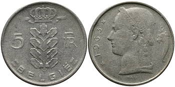 БЕЛЬГИЯ 5 ФРАНКОВ 1963 BELGIE KM 135.1 медно-никель 98-542