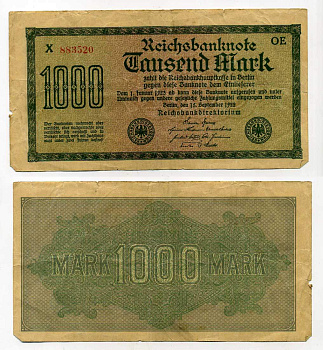 ГЕРМАНИЯ 1000 МАРОК 1922 15 СЕНТЯБРЯ 1922, ВОДЯНОЙ ЗНАК I, ЖЕЛТАЯ БУМАГА, СЕРИЯ OE Pick 76b, Rosenberg 75d бумага 6283-53-2