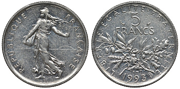 Франция 5 франков 1993 сеятель KM 926a.1, Le Franc 341.27 никель плакированный медно-никелем 4123-523