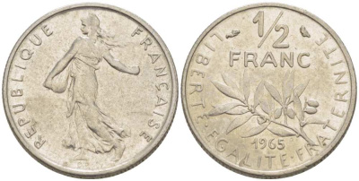 Франция 1/2 франка 1965 сеятель KM 931, Le Franc 198.3 никель 217-1126