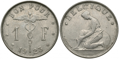Бельгия 1 франк 1923 Belgique, Альберт I (1909-1934) KM 89 никель 51-1955