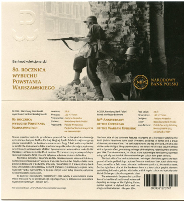 Польша 20 злотых 2024 80-я годовщина Варшавского восстания (1944-2024), в оригинальном буклете Pick 198 бумага UNC (пресс)   451-765-1