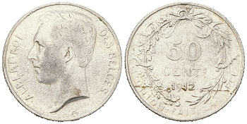 Бельгия 50 сантимов 1912 Альберт I (1909-1934), DES BELGES KM 70 серебро 63-655