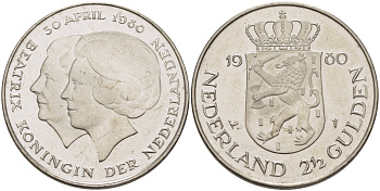 Нидерланды 2 1/2 гульдена 1980 коронация Беатрикс, 30 апреля 1980 KM 201 никель 38-124