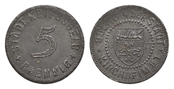 Кирххайм-унтер-Текк 5 пфеннигов 1917 Funck 244.3, Men05 13122.3, Men18 16448.3 железо 4639-126