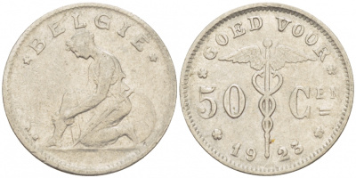 БЕЛЬГИЯ 50 САНТИМОВ 1923 BELGIE KM 88 никель 261-1656