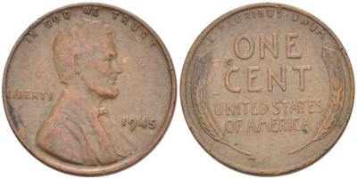 США 1 ЦЕНТ 1945 ЛИНКОЛЬН KM А132 медь цинк 211-639