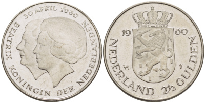 Нидерланды 2 1/2 гульдена 1980 коронация Беатрикс, 30 апреля 1980 KM 201 никель 38-124