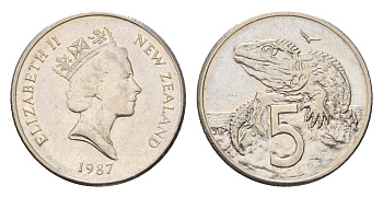 Новая Зеландия 5 центов 1987 Елизавета II (1952-2022), ящерица гаттерия KM 60 медно-никель 4655-265