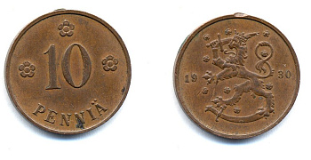 Финляндия 10 пенни 1930 республика (1918-1962) KM 24 медь 51-5331