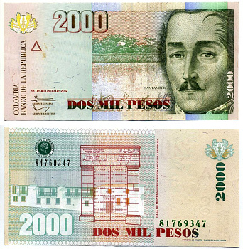 Колумбия 2000 песо 2012 16 августа 2012, генерал Франсиско де Паула Сантандер Pick 457t бумага VF-XF 7523-49-4-2