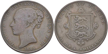Джерси 1/13 шиллинга 1844 Виктория (1837-1901), большой формат KM 3 медь 3996-414