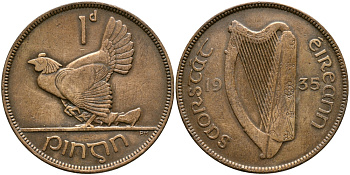 ИРЛАНДИЯ 1 ПЕННИ 1935 КУРИЦА С ЦЫПЛЯТАМИ KM 3 бронза 4389-214