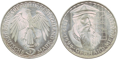ФРГ 5 марок 1969 F, 375 лет со дня смерти Герарда Меркатора J. 400, KM 126.1 серебро aUNC 1529-225