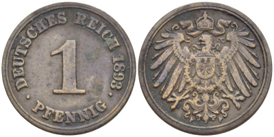 ГЕРМАНИЯ 1 ПФЕННИГ 1893 F KM 10, Jager. 10, Weege 2 медь 4528-1128