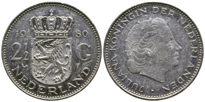 Нидерланды 2 1/2 гульдена 1980 Юлиана (1948-1980) KM 191 никель 4384-1024